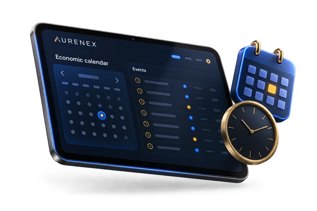 Illustrative Aurenex economic calendar with event rows and clock